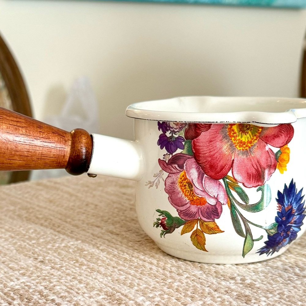 Mackenzie’s Childs enamel butter warmer floral with wooden handle.